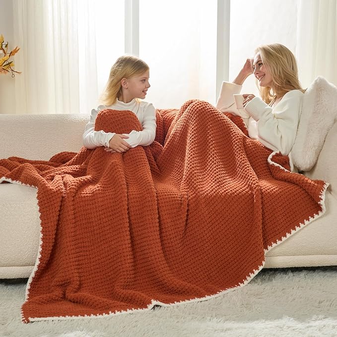 Snuggle Sac Orange Waffle Throw Blanket for Couch Bed Sofa 50x60 inches, Reversible Blanket Microfiber Fluffy Fuzzy Cozy Knit Soft Throws for Women Mothers Birthday Gifts-Ruum Studio Home