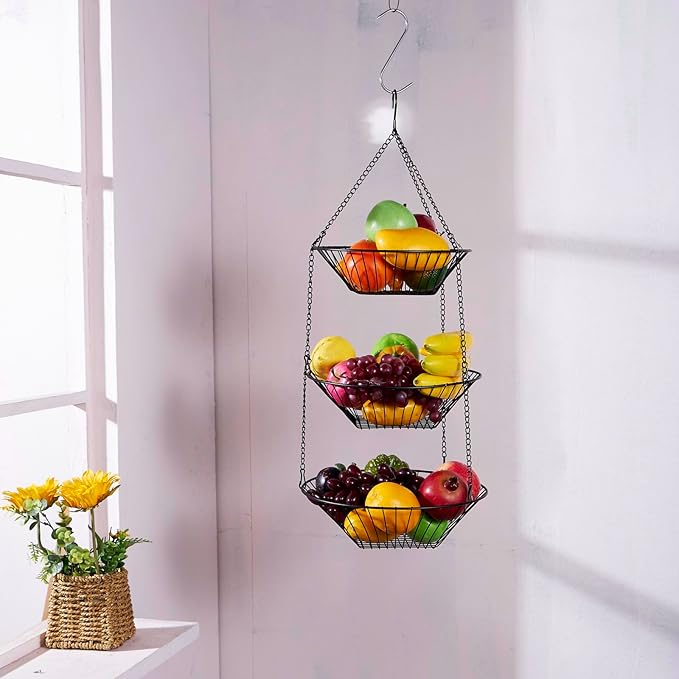 3-Tier Wire Fruit Hanging Basket 2 Packs,non-Punching Wall Hanging Storage,Kitchen Bathroom Organization Basket,Suitable for Bathroom,Kitchen,Closet,Garden,Black-Ruum Studio Home