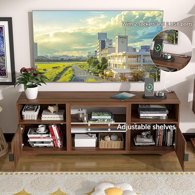 Fireplace TV Stand for Television up to 80 Inch,Entertainment Center with Adjustable Shelf,Mid-Century Modern Fluted TV Stand with 23" Electric Fireplace,Media Console for Living Room,Bedroom-Ruum Studio Home