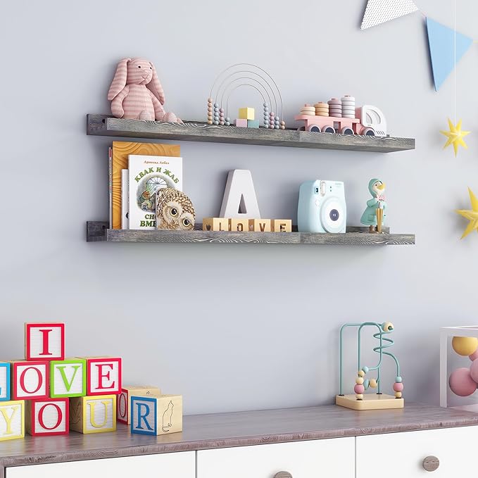 36 Inches Floating Shelves for Wall, Solid Pine Wood Picture Ledge Shelves, Wall Shelves with Lips, Nursery Book Shelves for Toys Storage Living Room Bedroom Photo Frames (2 Pcs, Grey)-Ruum Studio Home