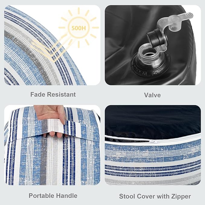 LVTXIII Outdoor Inflatable Ottoman, Fade-Resistant Round Footrest Stool D31”x H14”, Portable Patio Pouf for Garden Camping or Home Use, Stripe Layered Blue-Ruum Studio Home