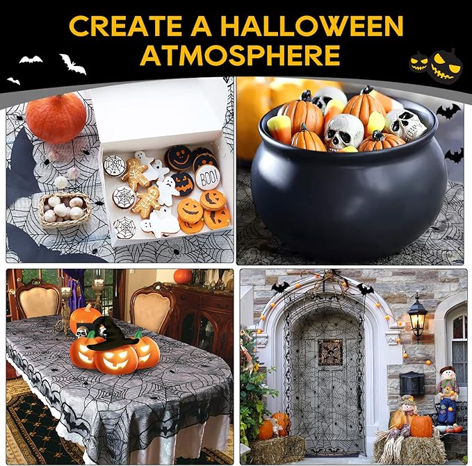 eZAKKA Halloween Table Cloth, Spider Web Table Cloth Black Tablecloth Lace Fabric Table Cloths Halloween Table Cover for Rectangle for Parties Gothic Spooky Home Decorations, 48x96 Inch-Ruum Studio Home