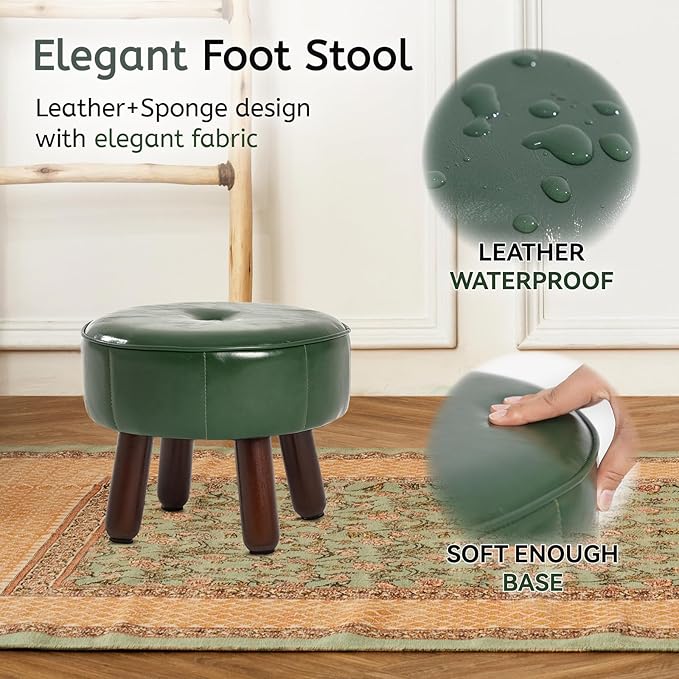 13in Small Foot Stool Ottoman, Round Faux Leather Foot Rest for Couch, Under Desk Pouf Footstool Footrest with Non-Skid Rubber Legs for Ling Room, Bedroom, 13''L x 13''W x 10.2''H, Green-Ruum Studio Home