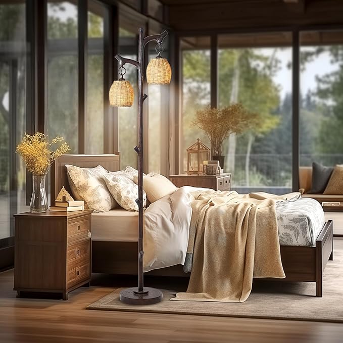 68" High Farmhouse Rustic Country Cottage Floor Lamp Tree Trunk Faux Wood Column Dark Bronze Wicker Drum Shade Decor for Living Room Bedroom Reading Room-Ruum Studio Home