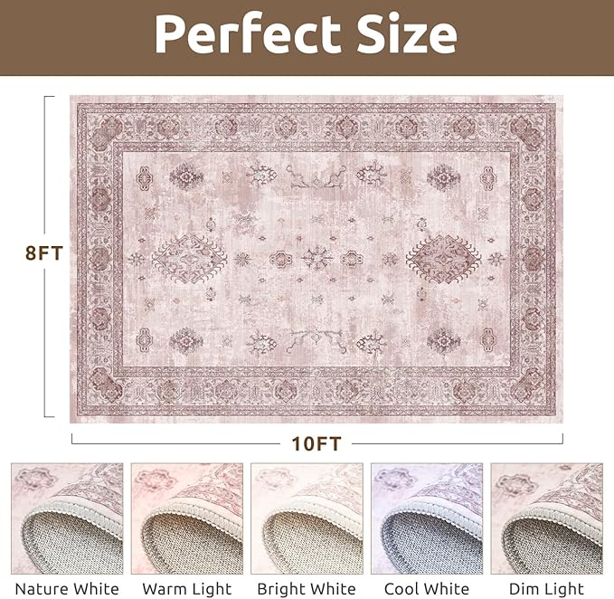 AMOAMI-Vintage Area Rug 8X10 Pink Rugs for Living Room-Soft Living Room Rug Non Slip Rugs for Bedroom Carpet Machine Washable Rug for Dining Room Bedside Office Room Decor-Ruum Studio Home