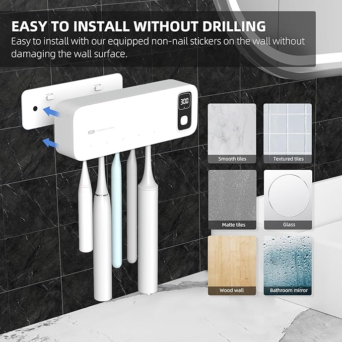 UV Toothbrush sanitiizer and Holder, Strong Saniti zer Air Drying, 200s and 400s Timed Toothbrush Case, 2200mAh Rechargeable Cordless Wall Mounted Home Toothbrush steril izer-Ruum Studio Home
