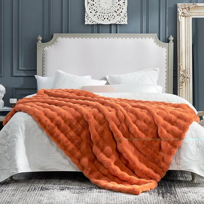 Cozy Bliss Faux Fur Throw Blanket for Couch, Fuzzy Soft Plush Thick Bubble Blanket for Sofa Bedroom Living Room, 60 * 80 Inches Burnt Orange-Ruum Studio Home