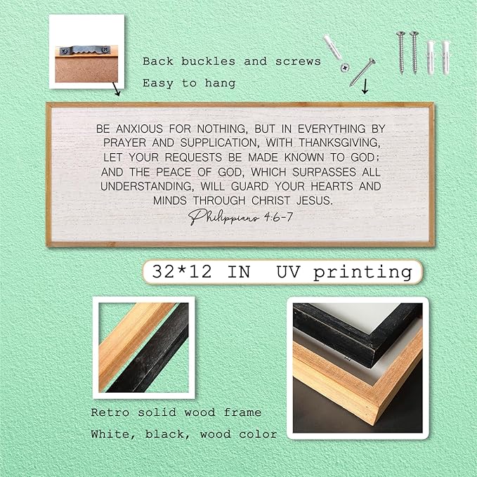 LuZhiQiang Be Anxious for Nothing Wall Decor 32"×12" Philippians 4:6-7 Bible Verse Sign Large Christian Scripture Wood Framed Hanging Decor (Wood)-Ruum Studio Home