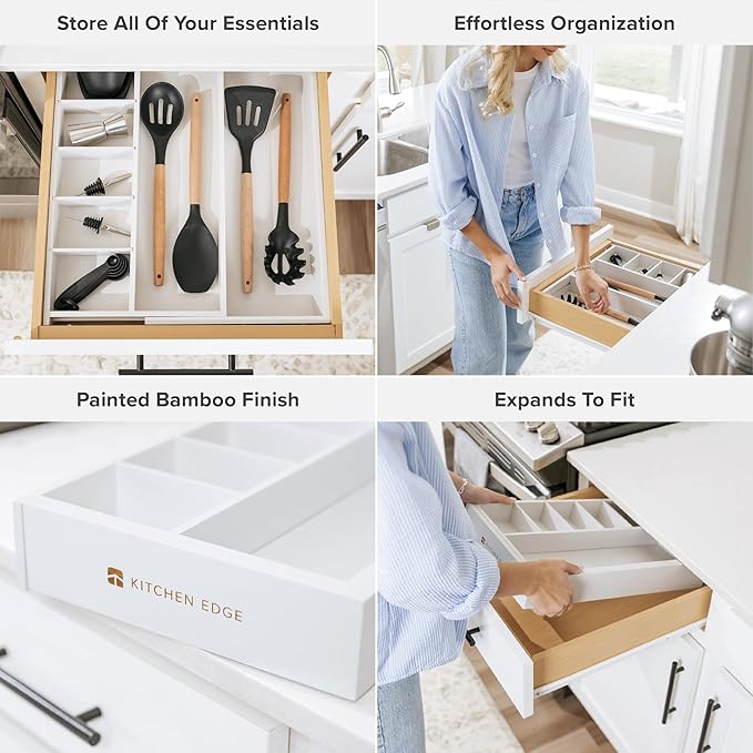 Adjustable Kitchen Drawer Organizer for Utensils and Junk, Food-Safe Contract Grade with 100% Sustainable Wood, Expandable from 10.5 to 19 Inches Wide - White Bamboo-Ruum Studio Home