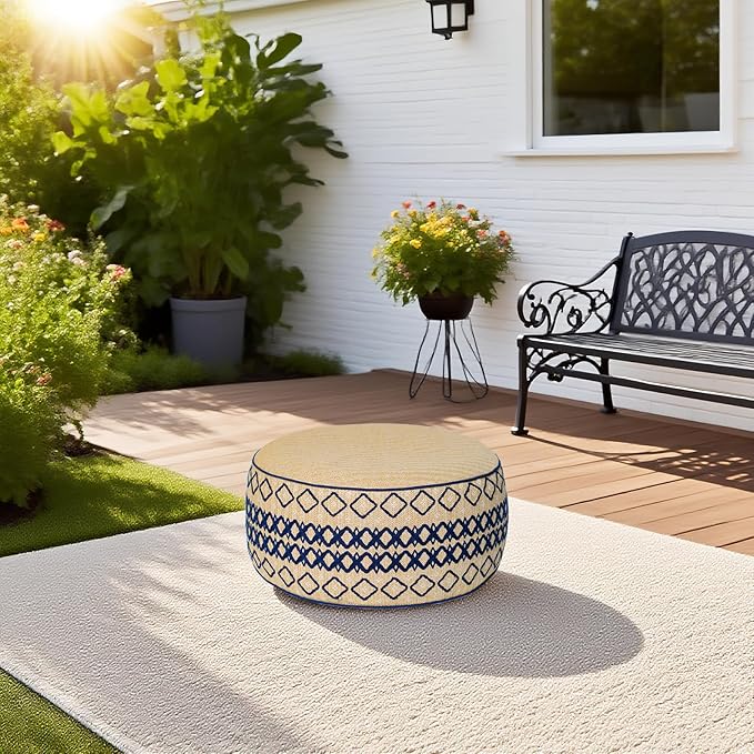 Outdoor Inflatable Ottoman with Air Pump, Embroidery Patio Footrest Stool D21”x H9”, Round Pouf Ottoman with Portable Handle Suitable for Garden, Camping, Bedroom, Living Room-Ruum Studio Home