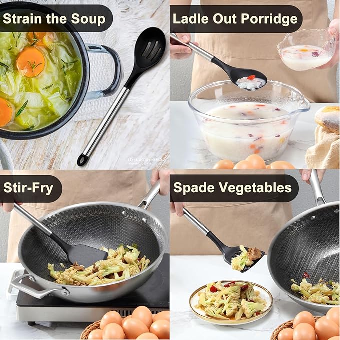 Pleafind 4-Pcs Silicone Cooking Utensils Set, Wok Utensils Set Include Wok Ladle, Slotted Spoon, Solid Spatula and Slotted Spatula, Silicone and Stainless Steel Kitchen Utensils, Dishwasher Safe-Ruum Studio Home