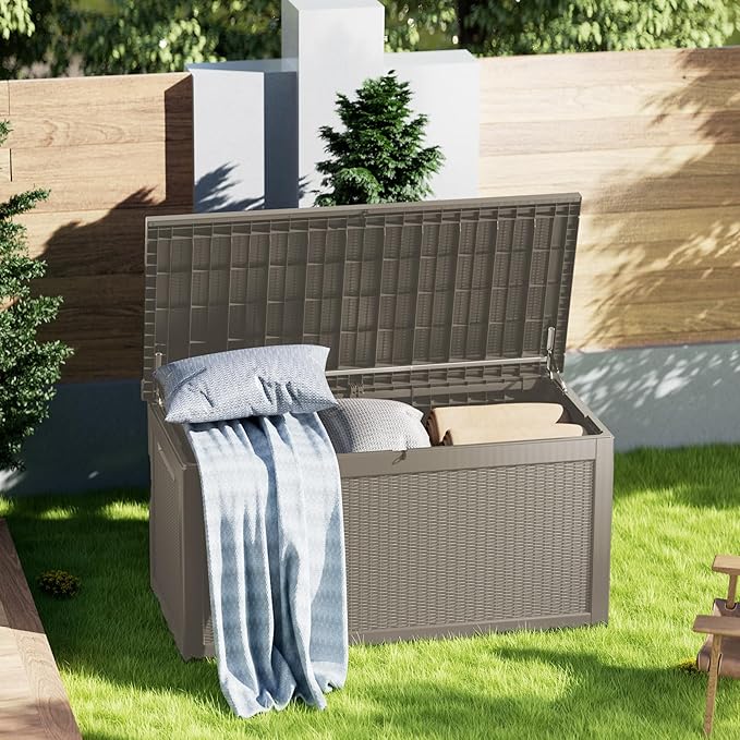 320 Gallon Lockable Resin Deck Box, Waterproof & UV-Resistant Outdoor Storage Box for Outdoor Cushion Storage, Garden Tools & Pool Accessories Storage, Gray-Ruum Studio Home