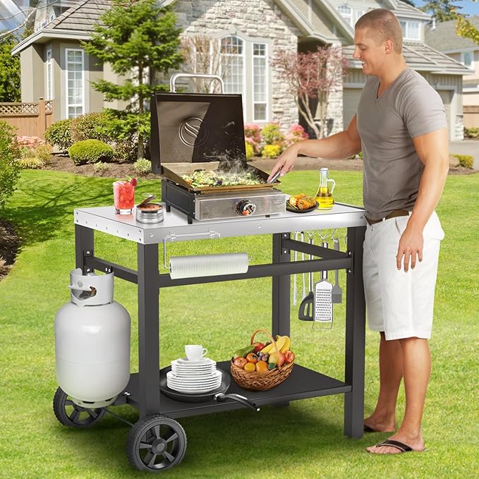Outdoor Grill Table, Movable Dining Cart, Pizza Oven Table Stand, Double-Shelf Grill Stand, Food Prep and Work Cart with Wheels, Hooks, Fits for Blackstone Ninja-Ruum Studio Home