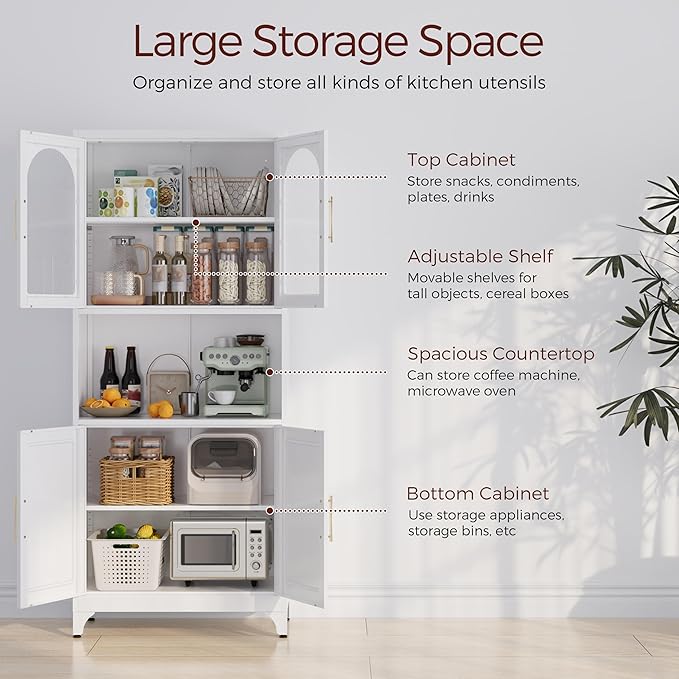 75" Tall Kitchen Pantry Cabinet, Metal Storage Cabinets with Acrylic Doors and Adjustable Shelves, Hutch Cabinet with Storage, White Microwave Stand Cabinets for Dining Living Room-Ruum Studio Home