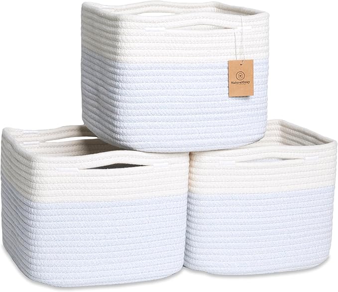 NaturalCozy Storage Cubes 9”x9”x7”Cotton Rope Woven Baskets for Organizing 3-Pack | 9 Inch Cube Storage Bin | Small Basket for Shelf Nursery, Pantry, Decorative Plant, Bathroom Closet, Toy Gift-Ruum Studio Home