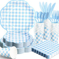 350 Pcs Blue Gingham Plates and Napkins Party Supplies - Blue and White Checkered Plates Sets Serve 50 Guests - Scalloped Gingham Paper Plate for Birthday Dinner Wedding Baby Shower Party Decorations-Ruum Studio Home