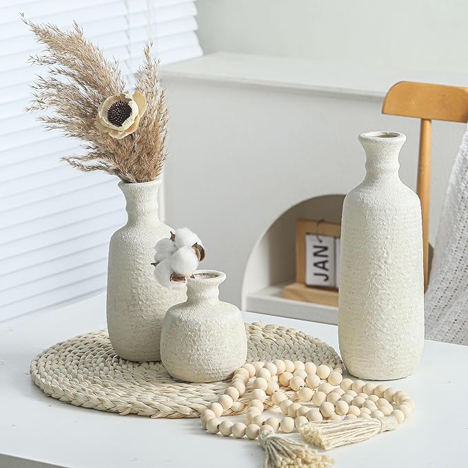 Ceramic Vase Set of 3, Neutral Rustic Vases Home Decor Farmhouse Decorative Vase Whitewashed Pottery Decor Boho Modern for Table Mantel Entryway Bookshelf Living Room Kitchen Bathroom Bedroom - White-Ruum Studio Home