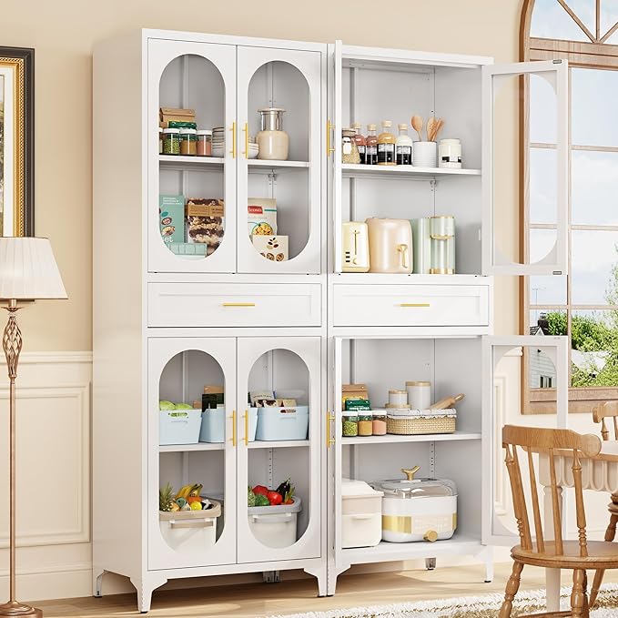 75” Tall Kitchen Pantry Storage Cabinet, Metal Storage Cabinet with 1 Drawer and Adjustable Shelves, Kitchen Pantry Cupboard, Freestanding Cupboard for Bathroom (White-4 Doors and 1 Drawer)-Ruum Studio Home
