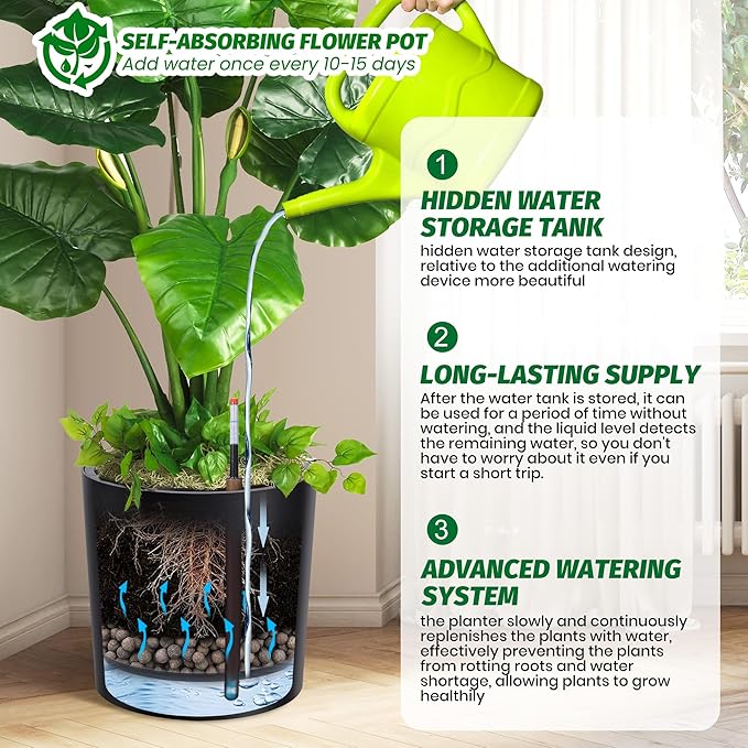 Tall Round Planter Set of 2, 20" Large Planter Pots with Built-in Drainage and a Water Level Monitor and Wheels for Patio, Porch, Living Room, or Home Office-Ruum Studio Home