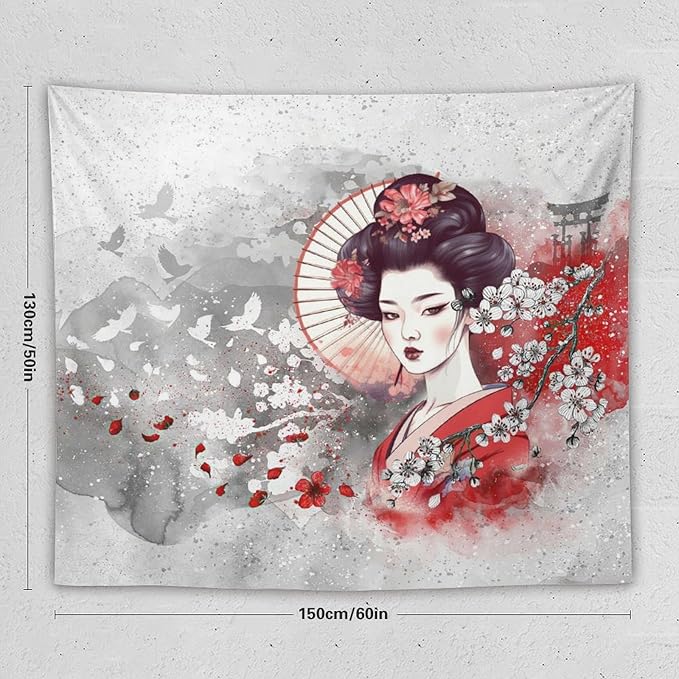 Japanese Geisha Tapestry Asian Red Cherry Blossom Traditional Kimono Folk Tapestries Home Decor for Living Room Bedroom Apartment Farmhouse Dorm 60"x50"-Ruum Studio Home