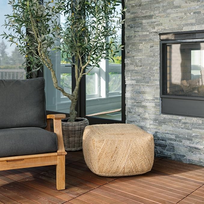 Pouf Ottoman, Square Braided Natural Jute Ottoman Pouf for Living Room or Bedroom, Floor Chair, Foot Rest or Decorative Home Decor-Ruum Studio Home