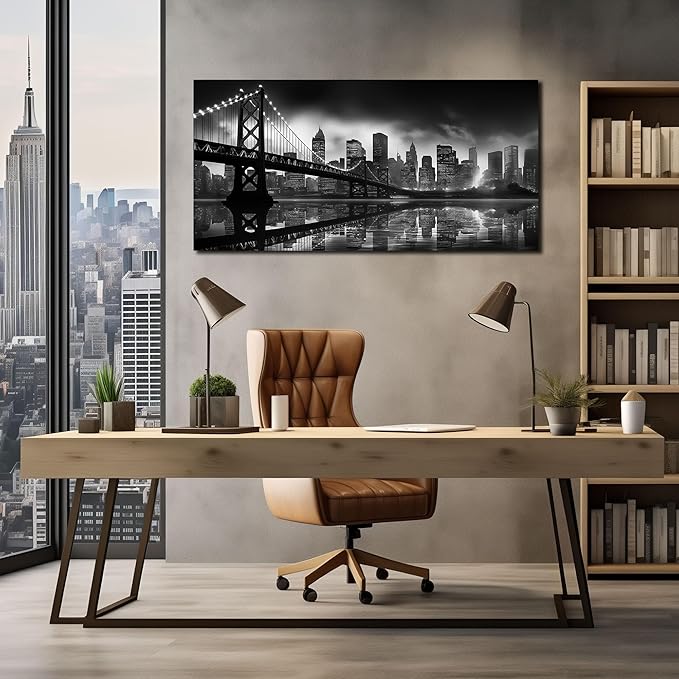 Brooklyn Bridge Canvas Wall Art for Bedroom Black and White City Wall Decor for Living Room Office Wall Art Decor 24 x 48 Inch-Ruum Studio Home