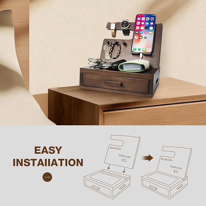 Solid Wood Nightstand Organizer, Docking Station, Gifts for Men, Made of Cedar, Versatile Bedside Table Organizer for Cellphone, Watch, Headphone, Keys, Dark Walnut-Ruum Studio Home