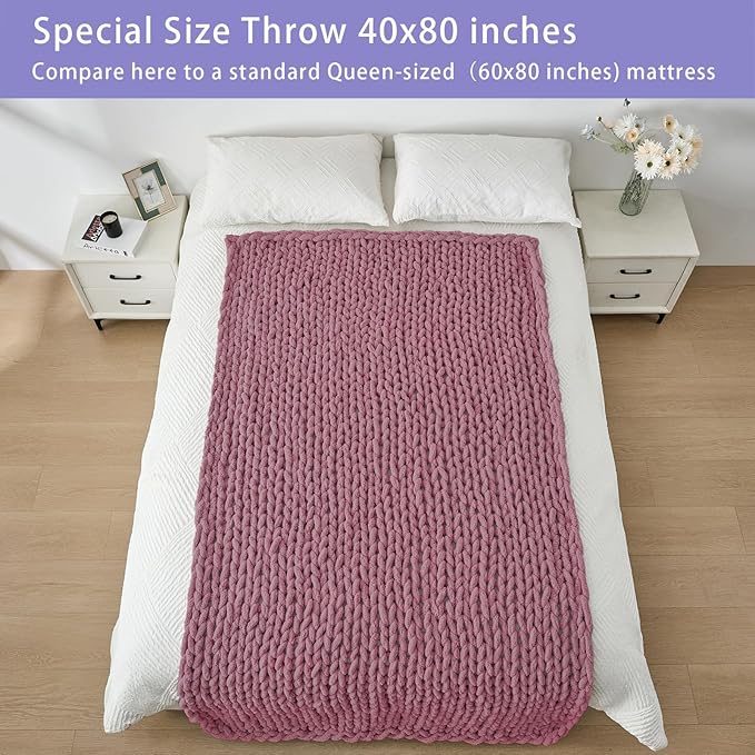 Bigacogo Chunky Knit Throw Blanket for Couch, 40x80 inches, 100% Hand Knitted with Thick Jumbo Chenille Yarn, Cozy Soft Large Rope Knot Cable Crochet Blankets for Sofa Bed Living Room, Burnt Rose-Ruum Studio Home