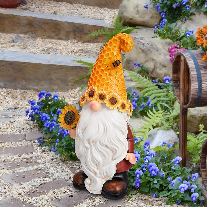 Garden Gnomes Outdoor - Sunflower Gnome Statue with Solar LED Lights for Yard, Patio, Lawn Ornaments - Best Garden Gifts for Mothers Day, Housewarming, Festival-Ruum Studio Home