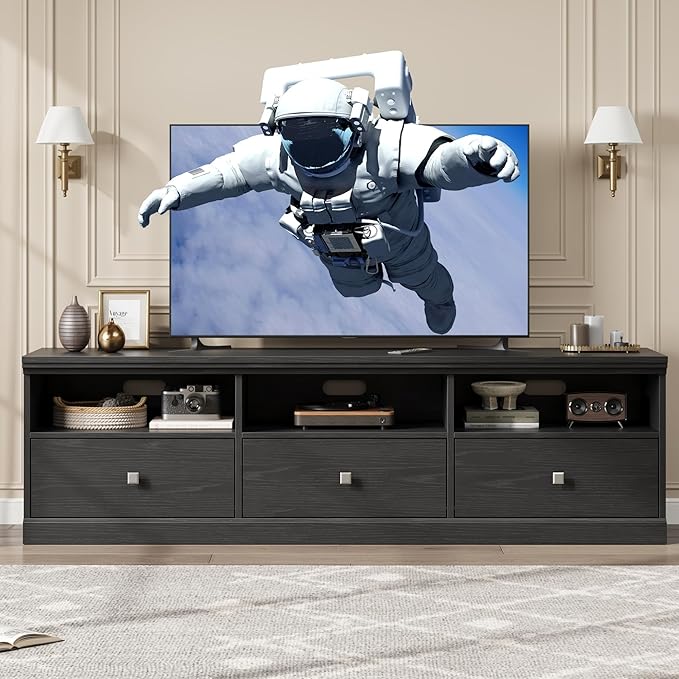IDEALHOUSE 70in TV Stand for TVs up to 80", Mid Century Modern Entertainment Center with Storage Drawer and Open Shelves, TV Console Media Cabinet for Living Room, Bedroom, Black-Ruum Studio Home