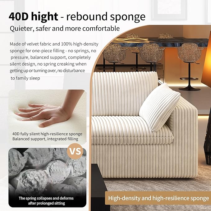 118" 3-Seater Cloud Sofa,Modular Sectional Couch,Modern Deep Seat Upholstered Couches with Plush Corduroy Fabric for Living Room Furniture,Bedroom and Apartment,No Assembly Required,White-Ruum Studio Home