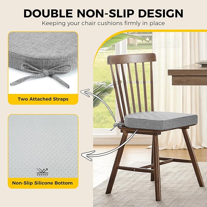 downluxe Indoor Chair Cushions for Dining Chairs, Soft and Comfortable Textured Foam Kitchen Chair Pads with Ties and Non-Slip Backing, 16" x 16" x 2", Light Grey, 6 Pack-Ruum Studio Home