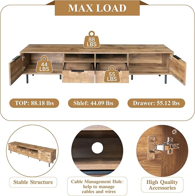 Modern TV Stand for TVs up to 85", Mid-Century Media Console with Checkered Cabinet Doors, Storage Drawers & Open Shelves, Wood Entertainment Center with Metal Legs-Ruum Studio Home