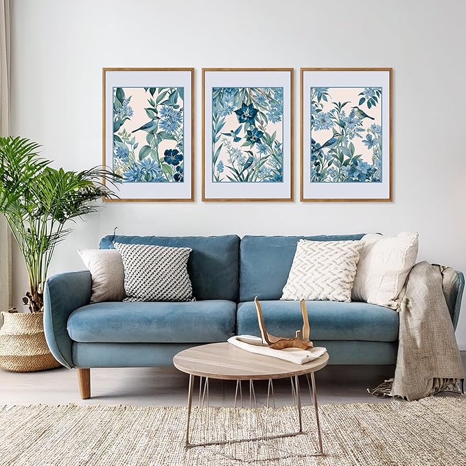 Aurlan Vintage Blue Birds and Botanical Framed Wall Art(16"x24"), 3PCS Classic Chinoiserie Audubon Bird Canvas Artwork, Large Abstract Watercolor Flowers Floral Home Decor for Bedroom Living Room-Ruum Studio Home