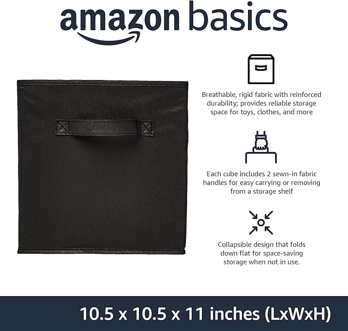 Amazon Basics Collapsible Fabric Storage Cubes Organizer with Handles, Sturdy, Black, 10.5-x-10.5-x-11-inch, Pack of 6-Ruum Studio Home