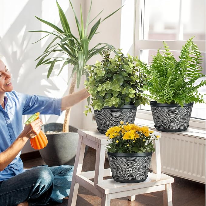 Quarut 10 Inch Flower Pots for Outdoor Indoor, 3 Pack Plastic Plant Pots with Drainage Hole & Tray, Modern Decorative Garden Pot with Saucer, planters for House (Black Copper)-Ruum Studio Home