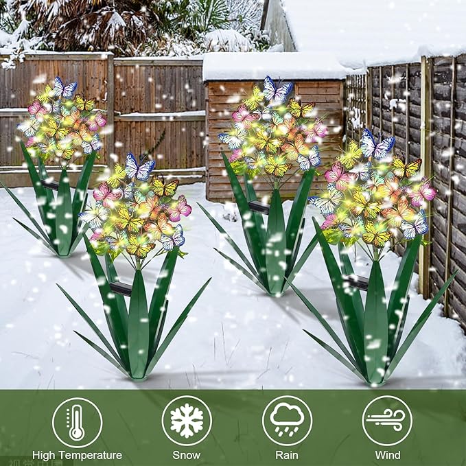 Homight Solar Metal Agave Butterfly Flower Stick Garden Sculpture - Outdoor Gift, Christmas Lights, Swaying Butterfly Sunflower Lights - Solar Outdoor (2 pcs Green)-Ruum Studio Home
