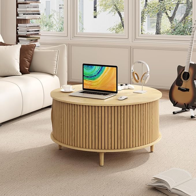 Round Coffee Table with Storage,Mid Century Modern Dining Table with Sliding Cabinet Door for Living Room,Home Small Space,31.5" Small Center Table,Oak-Ruum Studio Home