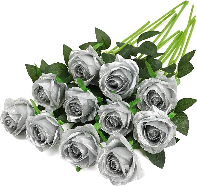 Silver Fake Roses Artificial Flowers - 10 Pcs Fake Artificial Roses Silk Flowers with Stems for Home Wedding Hotel Office Centerpiece Decor-Ruum Studio Home