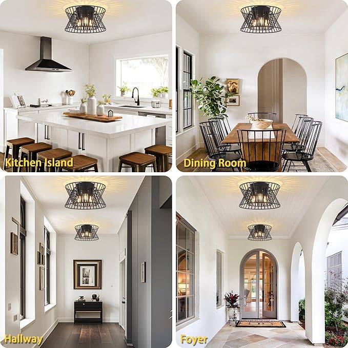 3-Lights Black Ceiling Light Vintage Geometric Chandelier Light Fixture Adjustable Metal Semi Flush Mount Lighting for Kitchen Room Dining Room Foyer-Ruum Studio Home