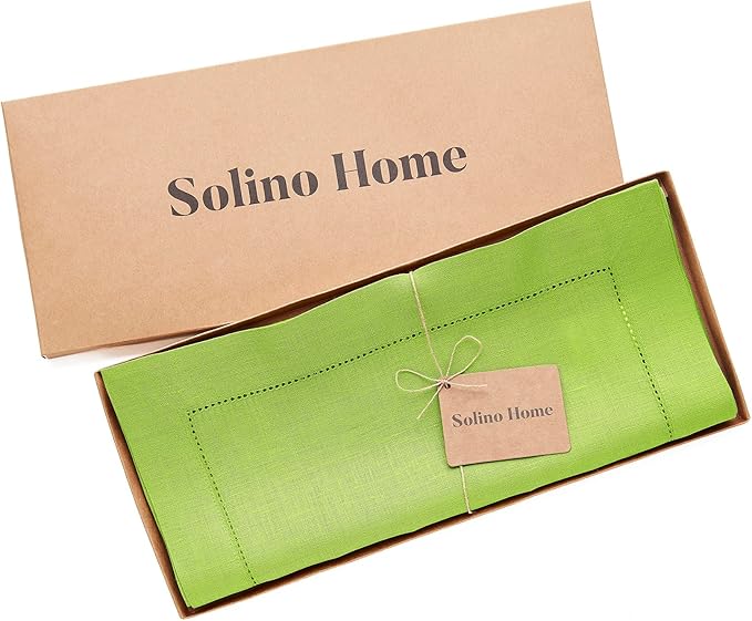 Solino Home Linen Table Runner 120 Inches Long - 100% Pure Linen Lime Green Table Runner 14 x 120 Inch - Classic Hemstitch-Ruum Studio Home