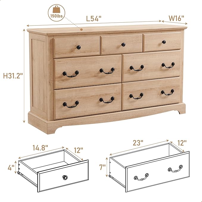T4TREAM 7 Drawers Dresser Chests for Bedroom, Wood Vintage Chests of Drawers, Rustic Dressers Chset Organizer for Bedroom, Living Room, Hallway, Natural Oak-Ruum Studio Home