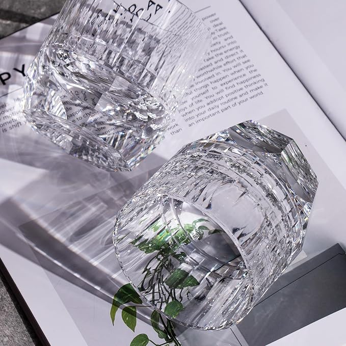KAMMAK Crystal Whiskey Glasses Set of 2, 7.44oz Old Fashioned Glasses Stemless, Luxury Hand Blown White Cocktail Glasses, Handcrafted Cut Design Octagon Cup for Women, Men Gift for Bourbon-Ruum Studio Home