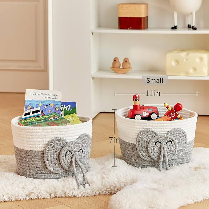 Adorable Small Elephant Cotton Rope Basket - Gift Empty Baskets - Toy Storage Basket, Woven Basket for Baby Essentials, Decorative Woven Basket for Nurseries and Playrooms (11"x7")-Ruum Studio Home