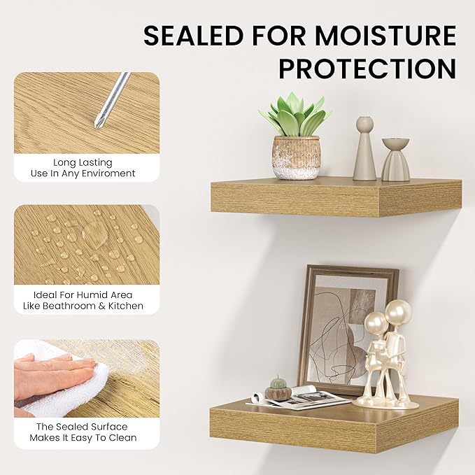 Square Floating Shelves for Wall, 12" W x 12" D x 1.2" H, Small Wooden Wall Mounted Display Shelves with Invisible Brackets for Living Room, Bedroom, Bathroom, Kitchen Decor, Set of 3, Oak-Ruum Studio Home