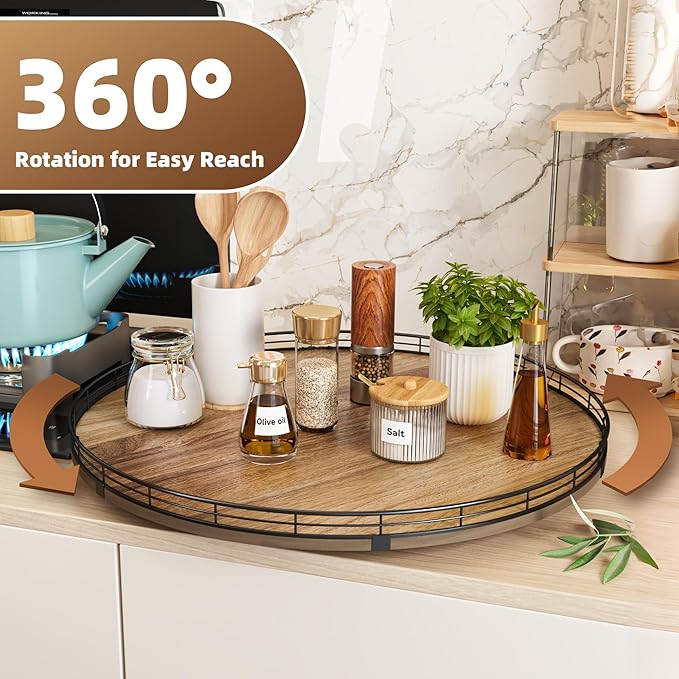 Acacia Wood 21" Lazy Susan Turntable Organizer for Table Top, Farmhouse Extra Large Round Lazy Susan for Serving Kitchen Countertop Cabinet for Charcuterie Centerpiece, Bathroom Vanity Tray Decor-Ruum Studio Home
