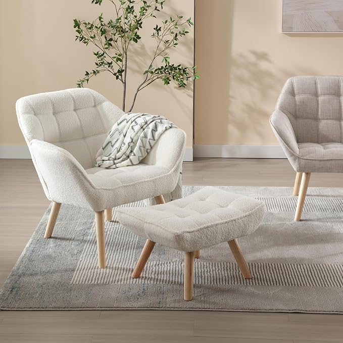 Modern Sherpa Accent Chair with Ottoman, Fluffy Upholstered Lounge Chair with Footrest, Comfy Living Room Side Boucle Armchair for Small Space Bedroom Apartment, White-Ruum Studio Home