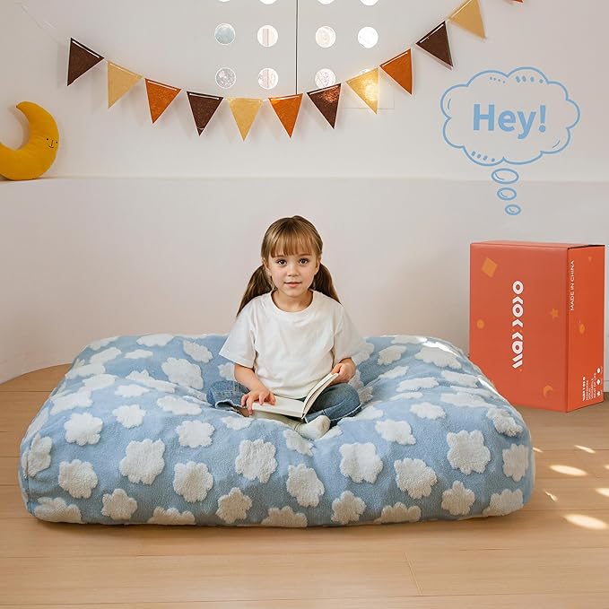 MAXYOYO Bean Bag Chair Bed for Kids, Convertible Bean Bag from Lazy Chair to Floor Bed, Fresh Cloud Design Cover, Stuffed Floor Sofa Couch for Boys and Girls, High-Density Foam Filling, Blue-Ruum Studio Home