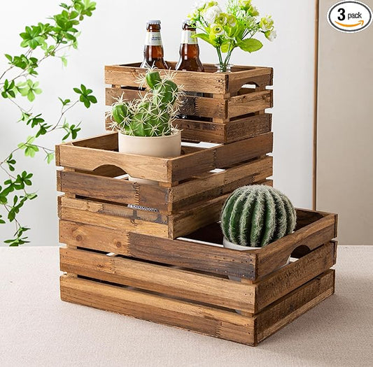 Set of 3 Nesting Wooden Crates, Rustic Wooden Storage Container Boxes with Cutout Handles, Decorative Farmhouse Wood Baskets for Display (Natural)-Ruum Studio Home