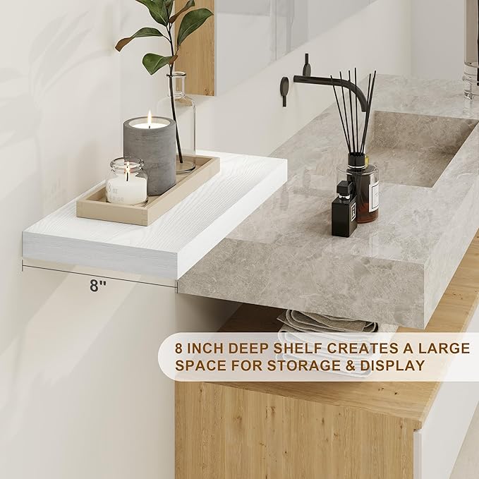 Fun Memories White Floating Shelves 16 Inch Long, 8 Deep Floating Shelf Wall Mounted, 16 x 8 Inch Wooden Bathroom Shelves, Deep Storage Shelves for Living Room, Kitchen, Set of 2-Ruum Studio Home